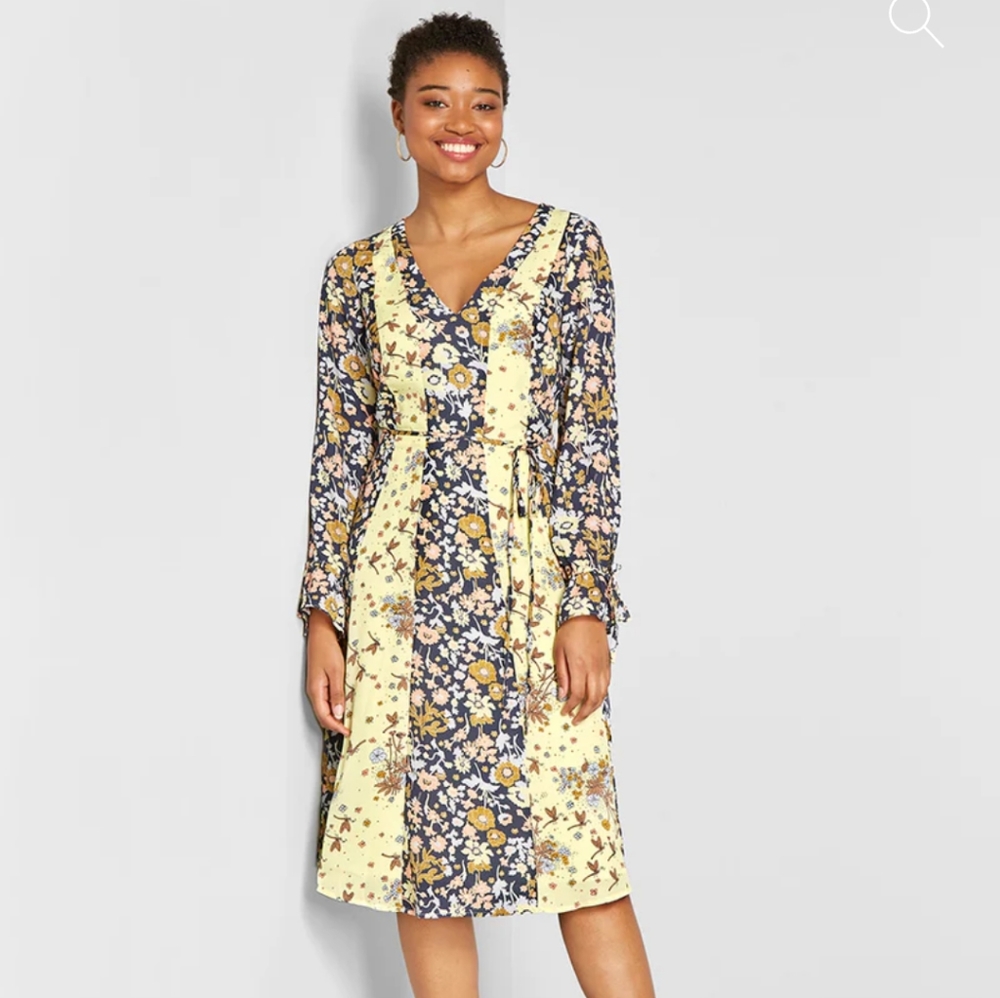 Modcloth Unique Persona Yellow & Navy Butterfly Floral Print Chiffon Midi Dress